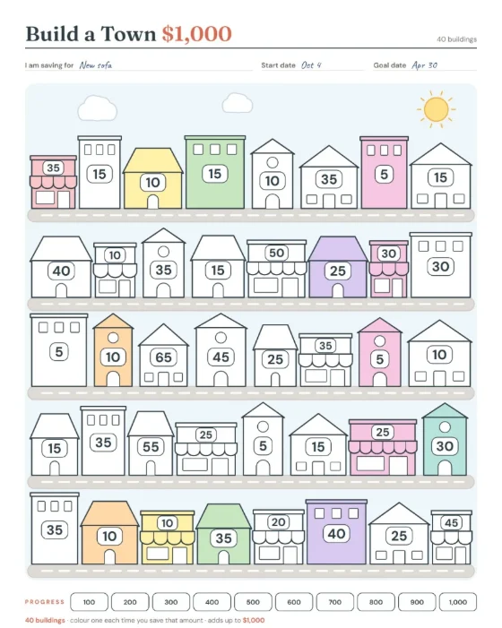 Printable page from Build a Town Savings Challenge