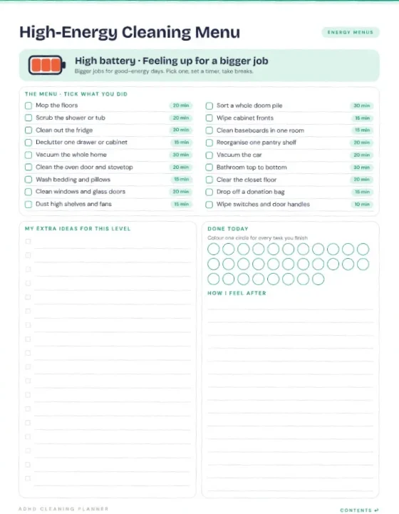 Printable page from ADHD Cleaning Planner Bundle